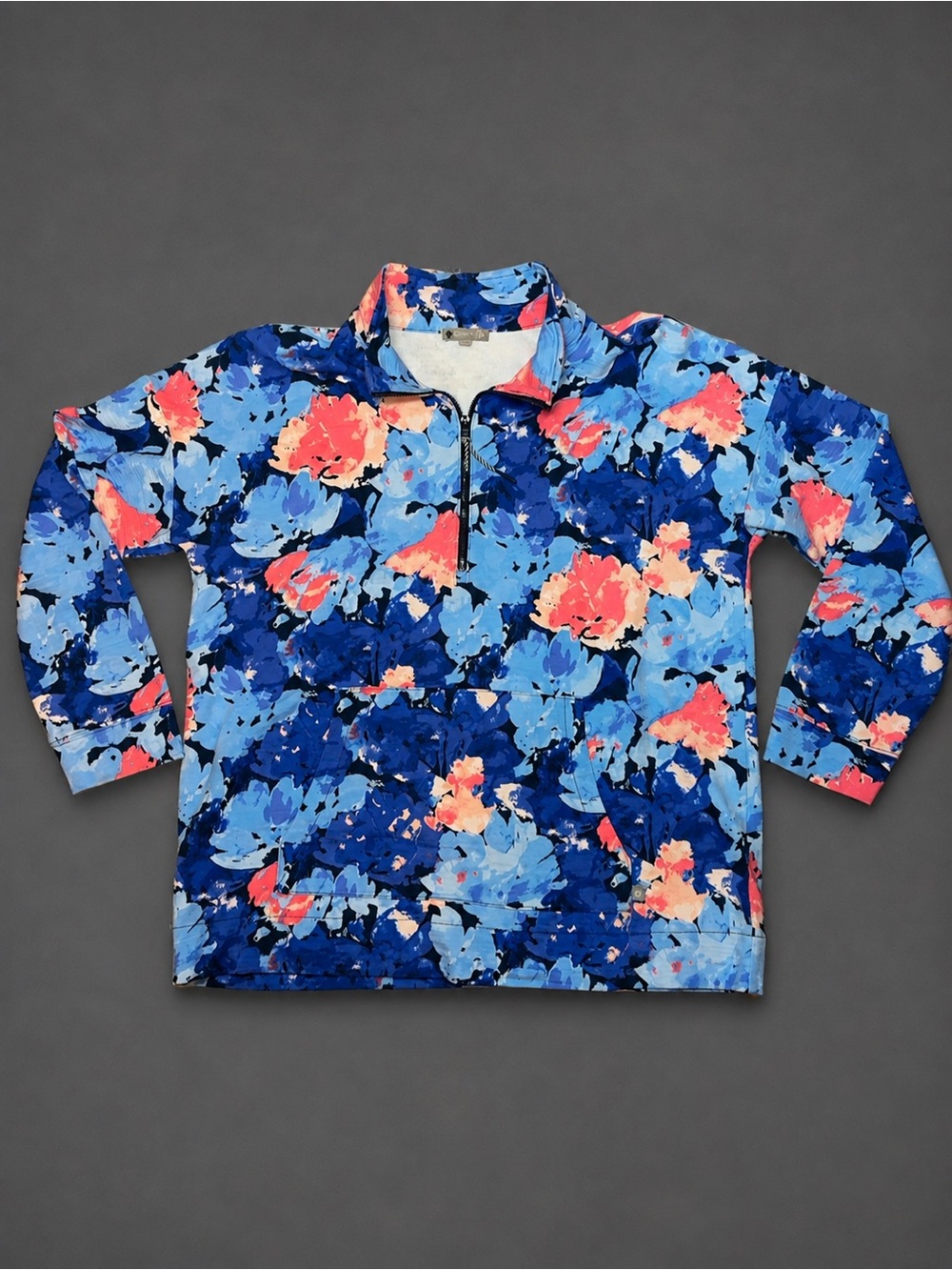 T by Talbots Women L Blue Floral Quarter Zip Pullover Kangaroo Pocket Athleisure